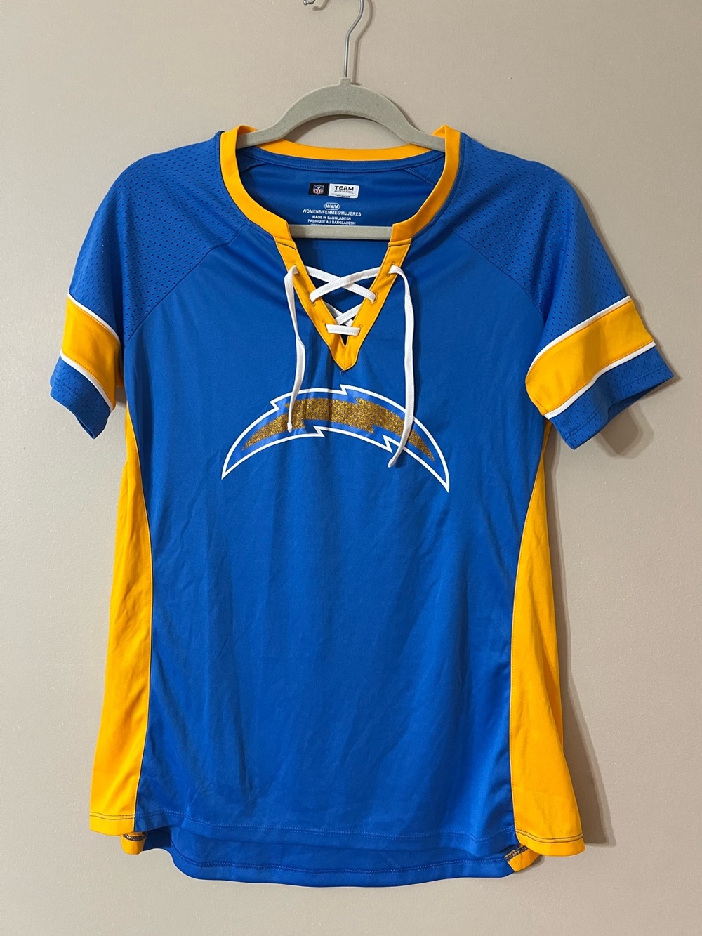Women's NFL Powder Blue/Gold Los Angeles Chargers LA Draft Me Lace-Up Raglan T